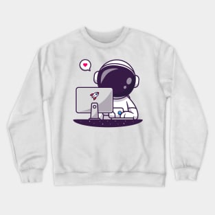 Cute Astronaut Working With Computer Cartoon Crewneck Sweatshirt